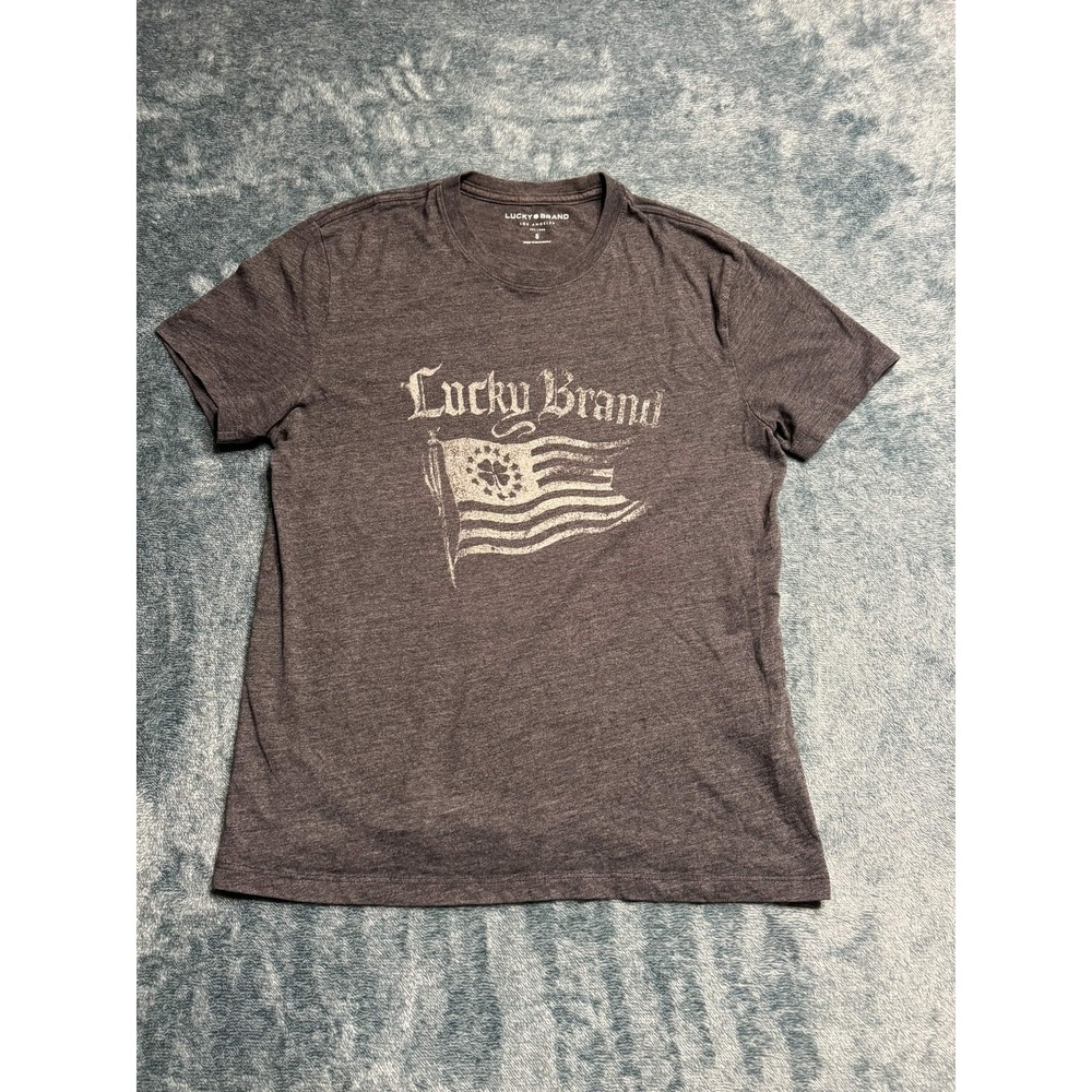 Lucky Brand Flag Clover Graphic T-Shirt Gray Small Mens Tri-Blend Distressed